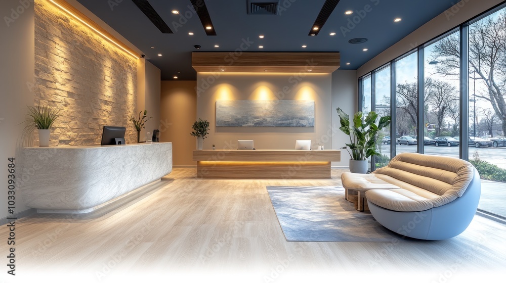 custom made wallpaper toronto digitalModern reception area with sleek design and comfortable seating.