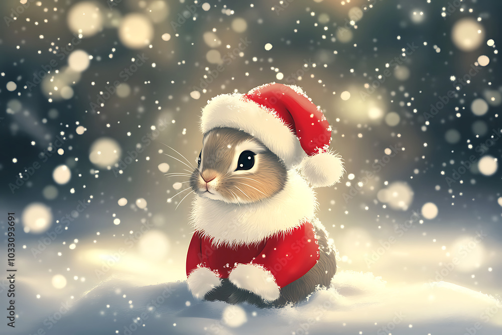 A cute rabbit wearing a Santa hat and red coat, surrounded by falling snowflakes. A cute rabbit wearing a Santa hat and red coat, surrounded by falling snowflakes.