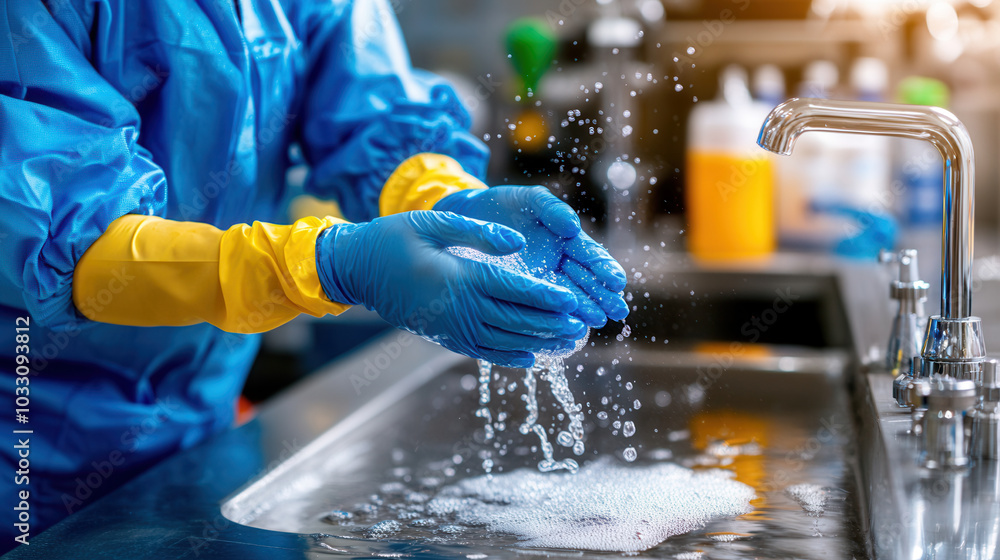 Wearing full personal protective equipment, scientist is washing hands in cleanroom, emphasizing hygiene and safety in laboratory environment Wearing full personal protective equipment, scientist is washing hands in cleanroom, emphasizing hygiene and safety in laboratory environment