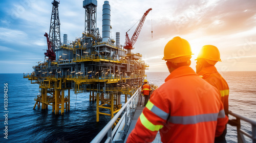 Offshore oil platform at sunset with workers observing operations. scene captures industrial environment and teamwork in energy sector, highlighting safety and collaboration