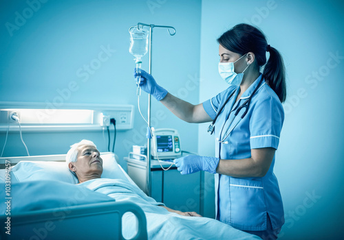 Healthcare professional administering iv drip in hospital setting