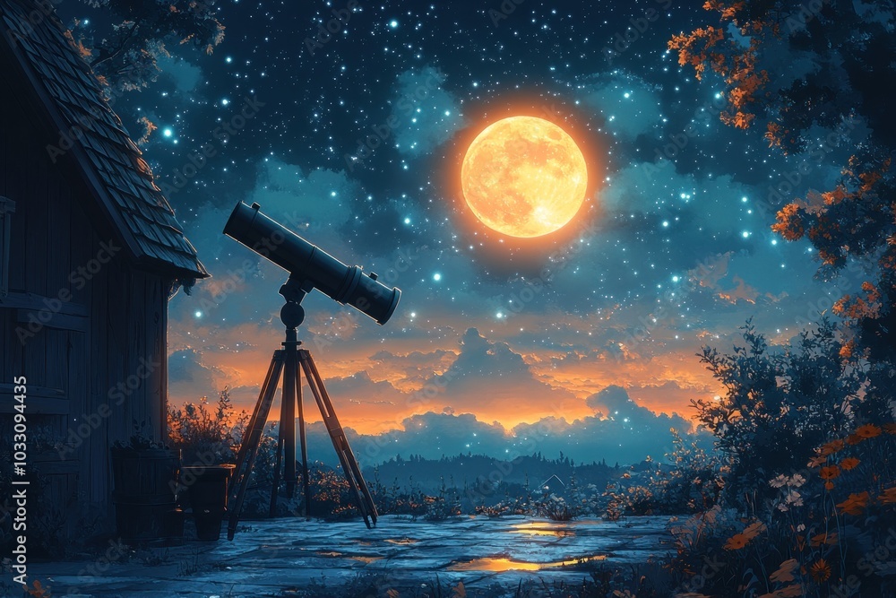 A serene night scene featuring a telescope under a bright moon and starry sky. A serene night scene featuring a telescope under a bright moon and starry sky.
