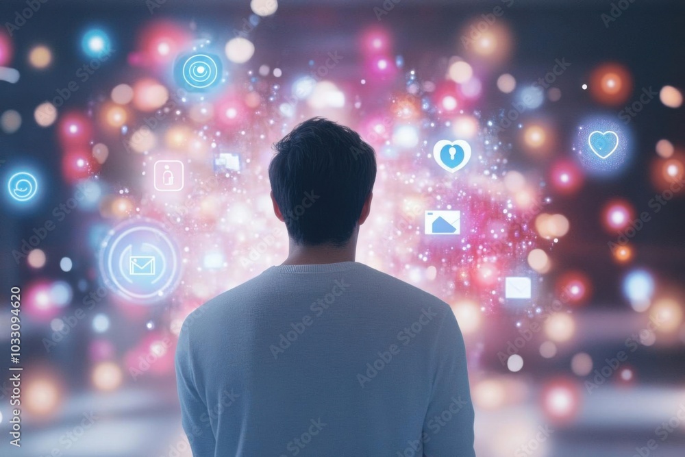 A person gazing at vibrant digital symbols, symbolizing technology, connectivity, and innovation in a modern world. A person gazing at vibrant digital symbols, symbolizing technology, connectivity, and innovation in a modern world.