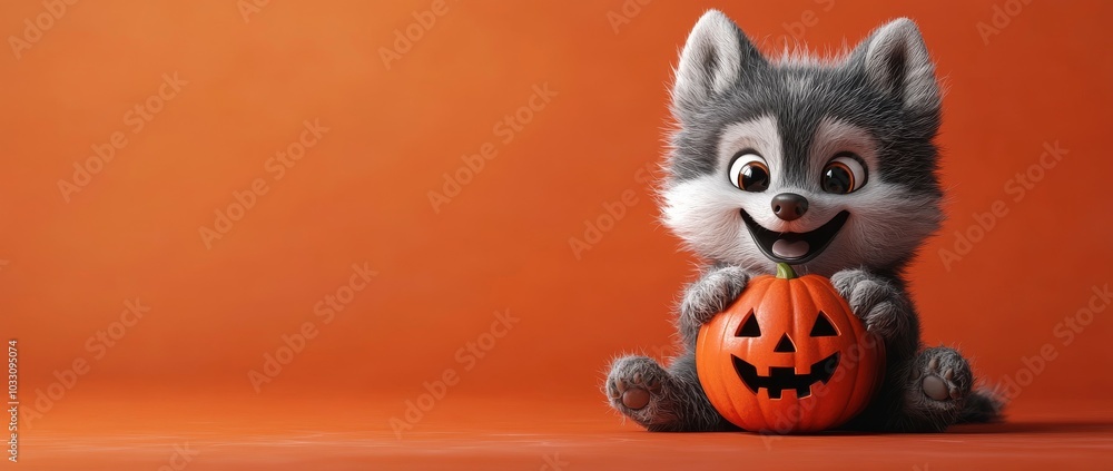 A cute werewolf cub playing with a pumpkin-shaped ball, smiling with joy, isolated on gradient pastel background A cute werewolf cub playing with a pumpkin-shaped ball, smiling with joy, isolated on gradient pastel background