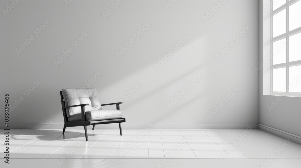 Modern minimalist interior with an armchair on empty white color wall background Modern minimalist interior with an armchair on empty white color wall background
