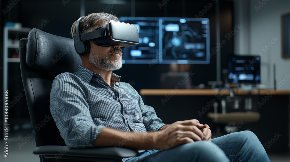 Man using virtual reality headset indoors Man using virtual reality headset indoors