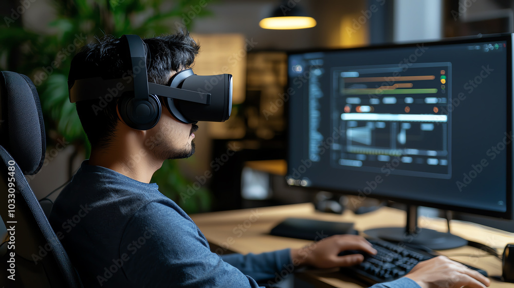 Man using VR headset at computer desk Man using VR headset at computer desk
