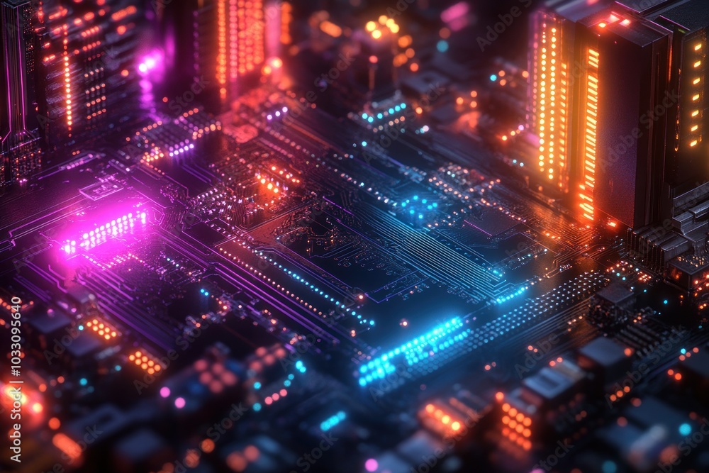 A vibrant, futuristic cityscape resembling a circuit board with glowing lights. A vibrant, futuristic cityscape resembling a circuit board with glowing lights.