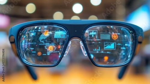 Futuristic Smart Glasses Displaying World Map and Data