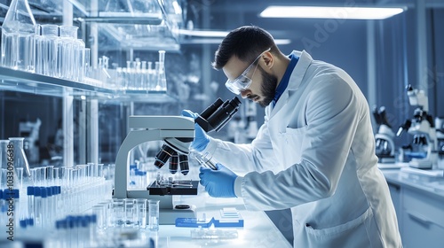 Scientist in a Lab Coat Using a Microscope