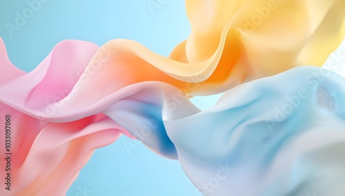 3D rendering of colorful draped fabric. with a light blue and pink background, soft lighting, 