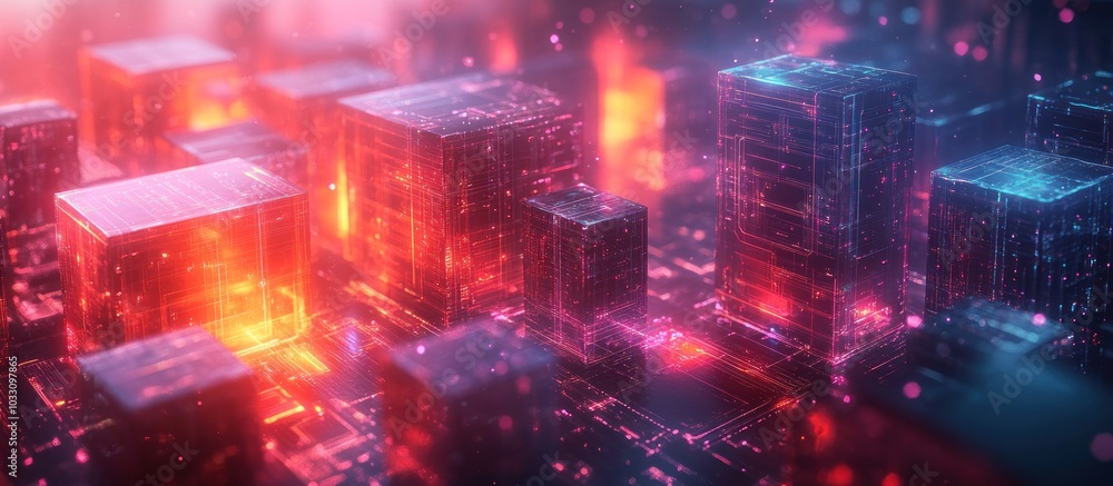 Fototapeta premium Futuristic digital landscape with glowing blocks and vibrant colors.