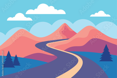 Winding road traverses through majestic mountains, with fluffy clouds drifting in the background, creating a serene landscape flat vector illustration