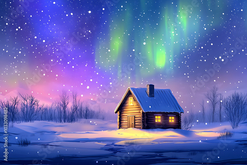 A cozy cabin illuminated under a colorful aurora in a snowy landscape.