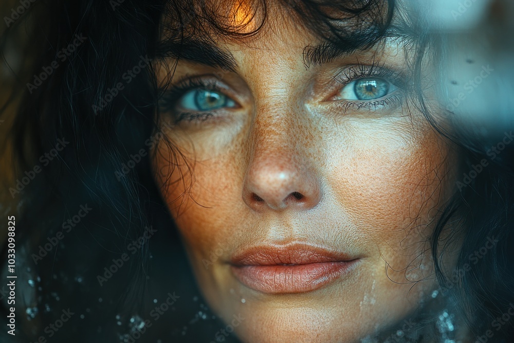Close-up portrait of a woman with curly hair, showcasing her expressive eyes and skin texture. Close-up portrait of a woman with curly hair, showcasing her expressive eyes and skin texture.