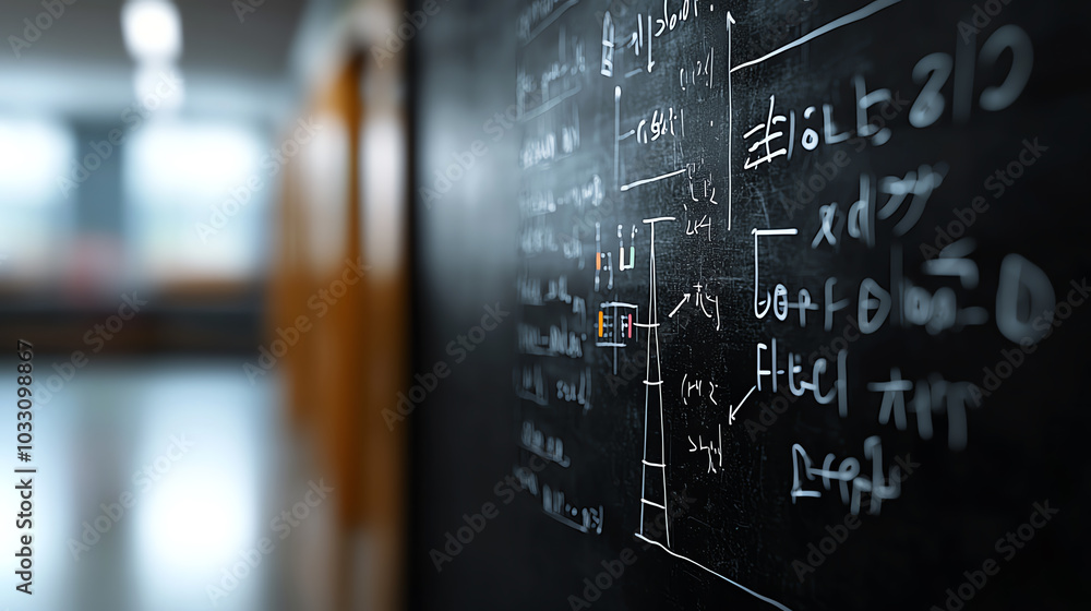 Fototapeta premium Chalkboard with complex calculations, school space