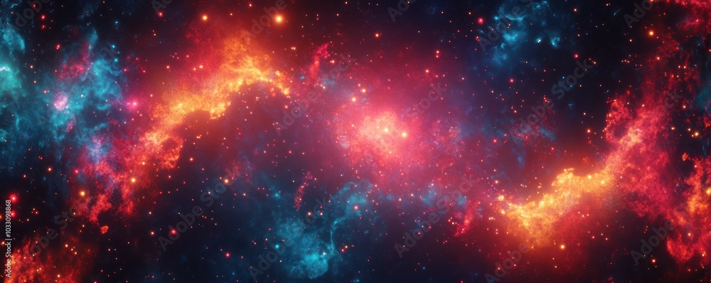 Naklejka premium Vibrant Cosmic Nebula with Star Clusters in a Celestial Night Sky Panorama