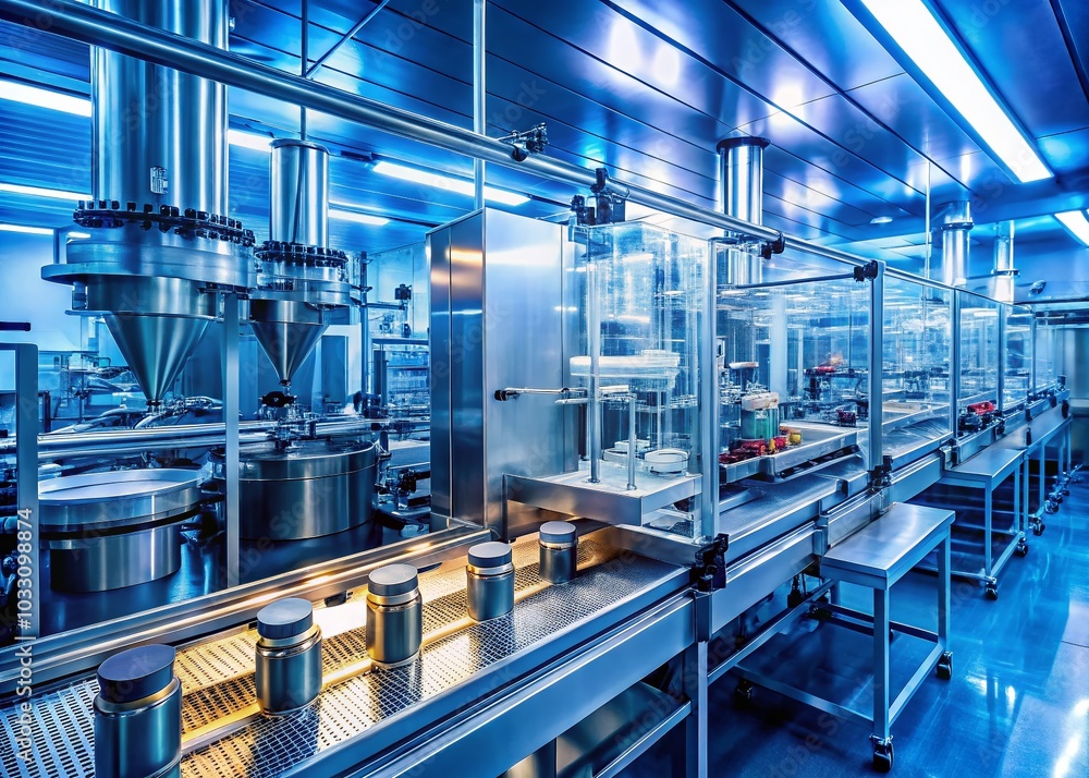 Naklejka premium High-Tech Biopharmaceutical Production Line with Silhouetted Machinery and Robotic Arms