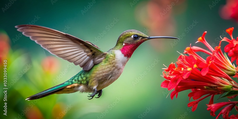 Fototapeta premium Hummingbird Hovering Near Red Flower in Slow Motion Capture at 2000fps for Stunning Nature Imagery