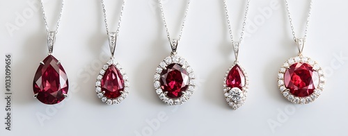 Different red ruby and diamond pendants on a white background, 