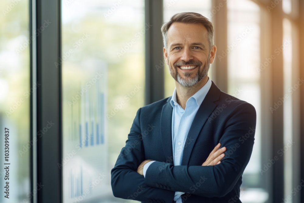 Business leader standing confidently with arms crossed, in front of a graph showing growth Business leader standing confidently with arms crossed, in front of a graph showing growth