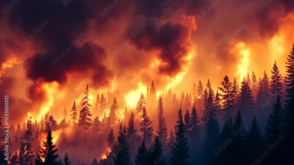 A forest fire rages through a dense stand of trees, creating a fiery spectacle against the dark sky A forest fire rages through a dense stand of trees, creating a fiery spectacle against the dark sky