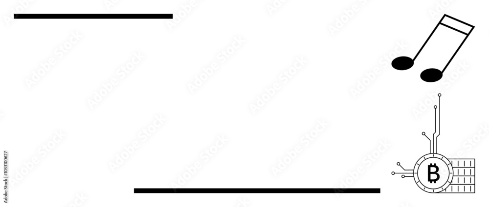 A music note is shown at the top right corner with a Bitcoin logo surrounded by circuit lines at the bottom right. Ideal for financial technology, cryptocurrency, music, digital art, and minimalism A music note is shown at the top right corner with a Bitcoin logo surrounded by circuit lines at the bottom right. Ideal for financial technology, cryptocurrency, music, digital art, and minimalism
