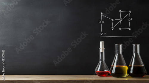 Laboratory glassware on wooden table photo