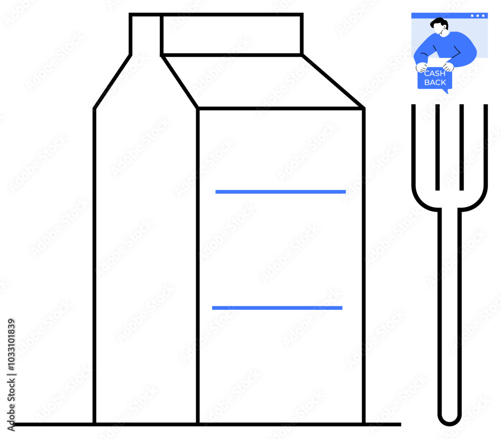 Minimalistic drawing of a milk carton with a vertical fork beside it and a small box depicting a man with cash back text. Ideal for food industry, dairy products, grocery shopping, minimalism Minimalistic drawing of a milk carton with a vertical fork beside it and a small box depicting a man with cash back text. Ideal for food industry, dairy products, grocery shopping, minimalism