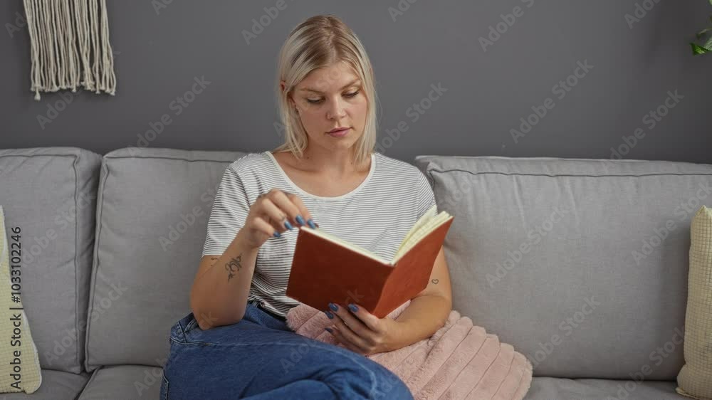 Young woman reading book in cozy living room with gray couch and pink pillow Young woman reading book in cozy living room with gray couch and pink pillow