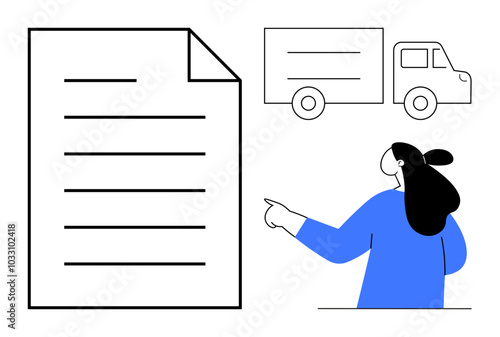 A person pointing at a large document next to a simple outline of a delivery truck. Ideal for logistics, documentation, shipping, courier services, business correspondence. Minimalist, modern, clean