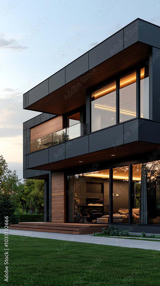 A modern house design featuring sleek lines, large windows, and a harmonious blend of wood and metal elements.