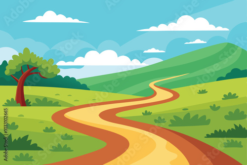 Winding dirt road traverses a vibrant grassy field, surrounded by the beauty of nature greenery flat vector illustration