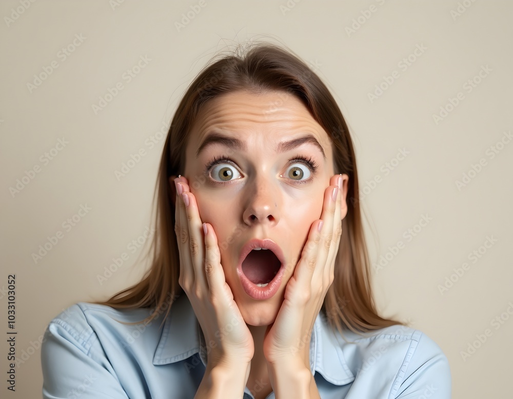 Portrait of Surprised Woman with Hands Resting on Cheeks Portrait of Surprised Woman with Hands Resting on Cheeks