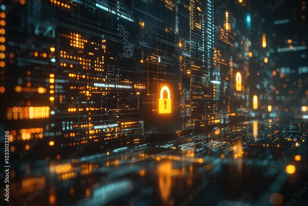 Digital landscape featuring glowing locks, symbolizing cybersecurity and data protection. Digital landscape featuring glowing locks, symbolizing cybersecurity and data protection.