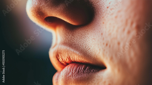 Close-Up of a Human Nose During Inhalation, Capturing the Nostrils and Breathing Action with a Blurred Background, Emphasizing the Importance of Breath and the Human Respiratory System in a Detailed a photo