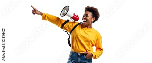 Cheerful Person Holding Megaphone and Pointing on Bright White Background photo