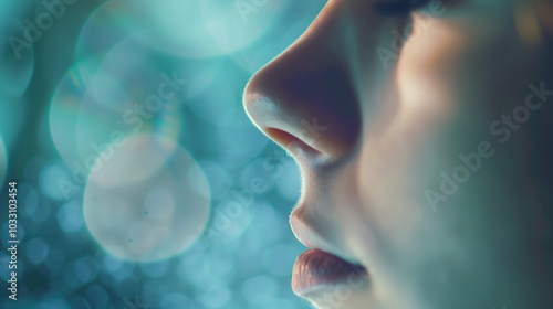 Close-Up of a Human Nose During Inhalation, Capturing the Nostrils and Breathing Action with a Blurred Background, Emphasizing the Importance of Breath and the Human Respiratory System in a Detailed a photo