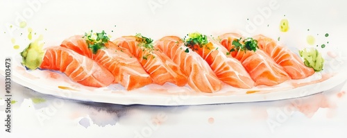 Wallpaper Mural Watercolor of Salmon Sashimi set in Japanese restaurant,Hirame sashimi,dripping soy sauce or shoyu,salmon sashimi,fresh tuna sashimi dish,Japanese chef making sushi at restaurant. Torontodigital.ca