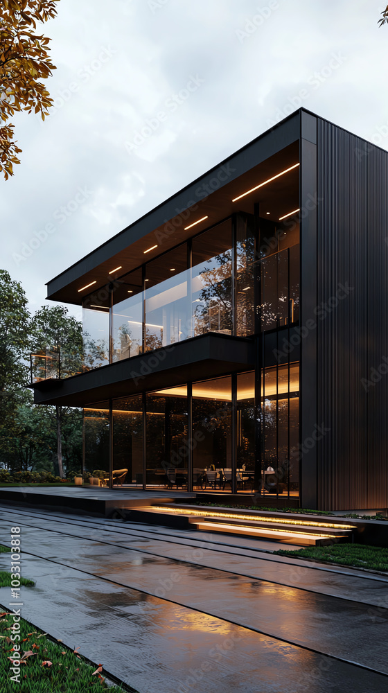 Modern architectural masterpiece with glass facade, surrounded by nature, showcasing sleek design and serene atmosphere. Modern architectural masterpiece with glass facade, surrounded by nature, showcasing sleek design and serene atmosphere.
