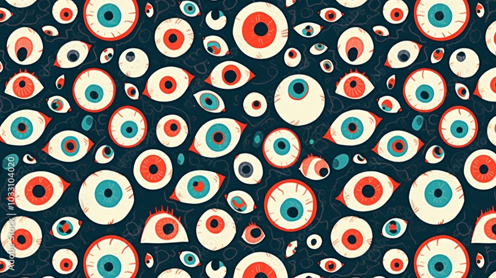 A vibrant pattern featuring numerous stylized eyes on a dark background. A vibrant pattern featuring numerous stylized eyes on a dark background.