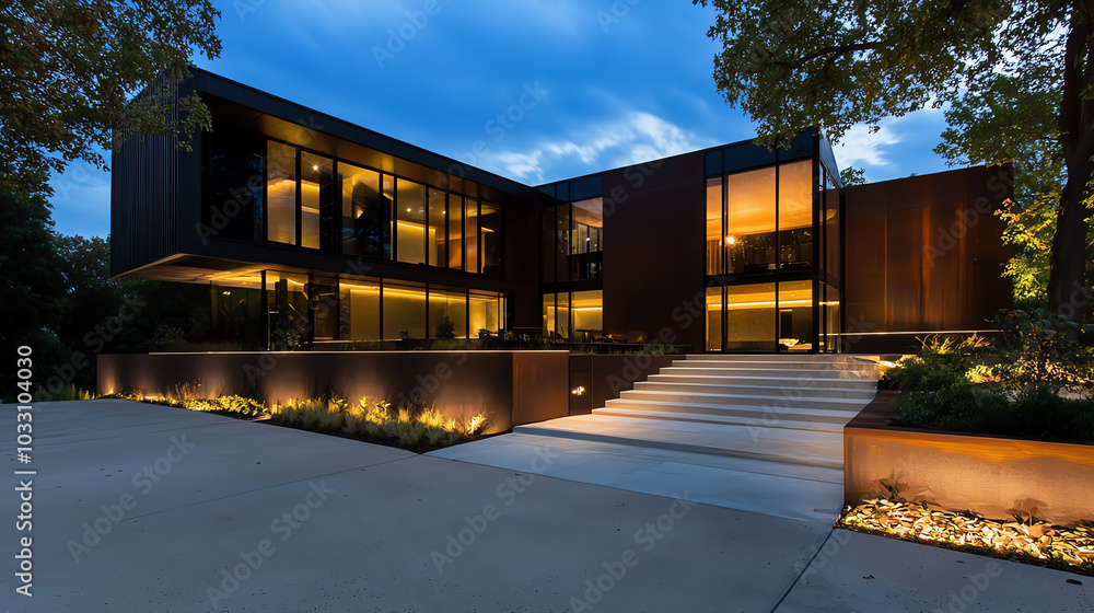 Modern architecture showcasing sleek lines and ambient lighting, surrounded by lush greenery at twilight. Modern architecture showcasing sleek lines and ambient lighting, surrounded by lush greenery at twilight.