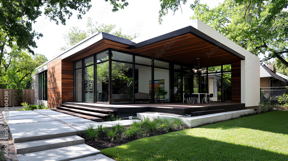 Modern house design featuring large windows and a sleek exterior surrounded by lush greenery and a stylish pathway. Modern house design featuring large windows and a sleek exterior surrounded by lush greenery and a stylish pathway.
