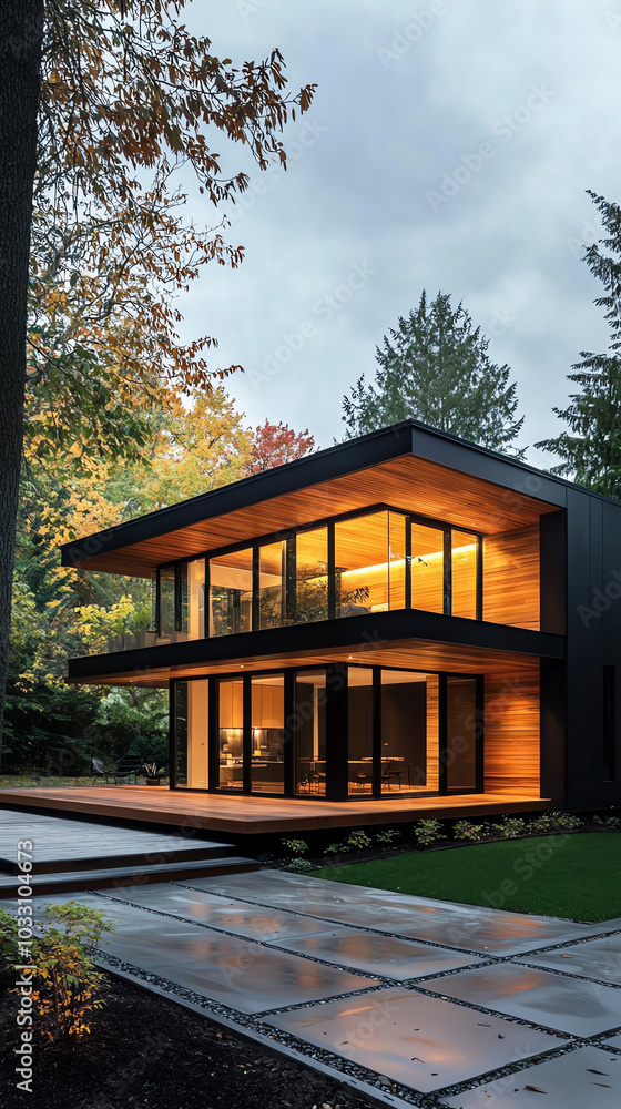 Modern house exterior surrounded by nature, featuring large windows and warm lighting on a tranquil evening. Modern house exterior surrounded by nature, featuring large windows and warm lighting on a tranquil evening.