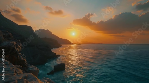 A panoramic view of a coastal landscape at sunset