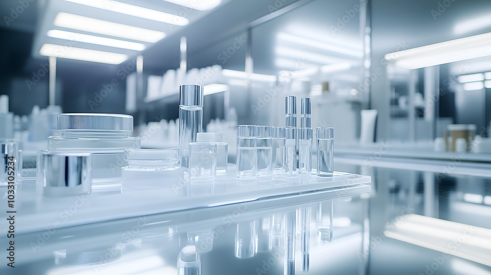 Clear Glass Bottles and Jars on a Shelf in a Modern, Sterile Laboratory Setting Clear Glass Bottles and Jars on a Shelf in a Modern, Sterile Laboratory Setting