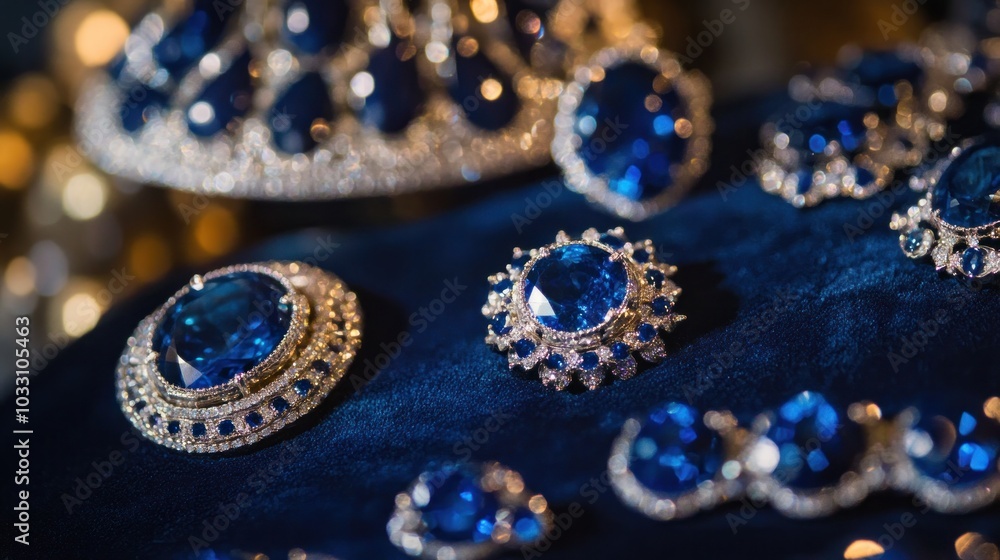 A jewelry display of deep blue sapphires against a velvet background A jewelry display of deep blue sapphires against a velvet background