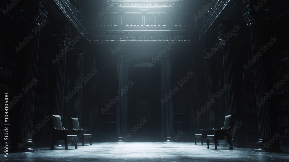 Eerie Atmosphere in a Gothic Library with Ancient Books and Shadows - 3D Render Illustration with Cinematic Light Eerie Atmosphere in a Gothic Library with Ancient Books and Shadows - 3D Render Illustration with Cinematic Light