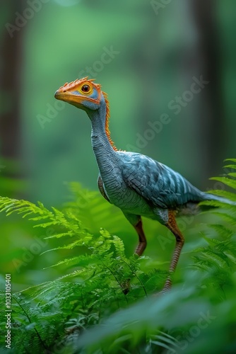 Ornitholestes hunting in dense foliage isolated with a light green forest background. photo