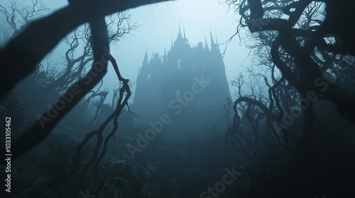 Ethereal Gothic Manor House Enveloped in Mystery - 3D Render Illustration with Cinematic Light and Haunting Beauty